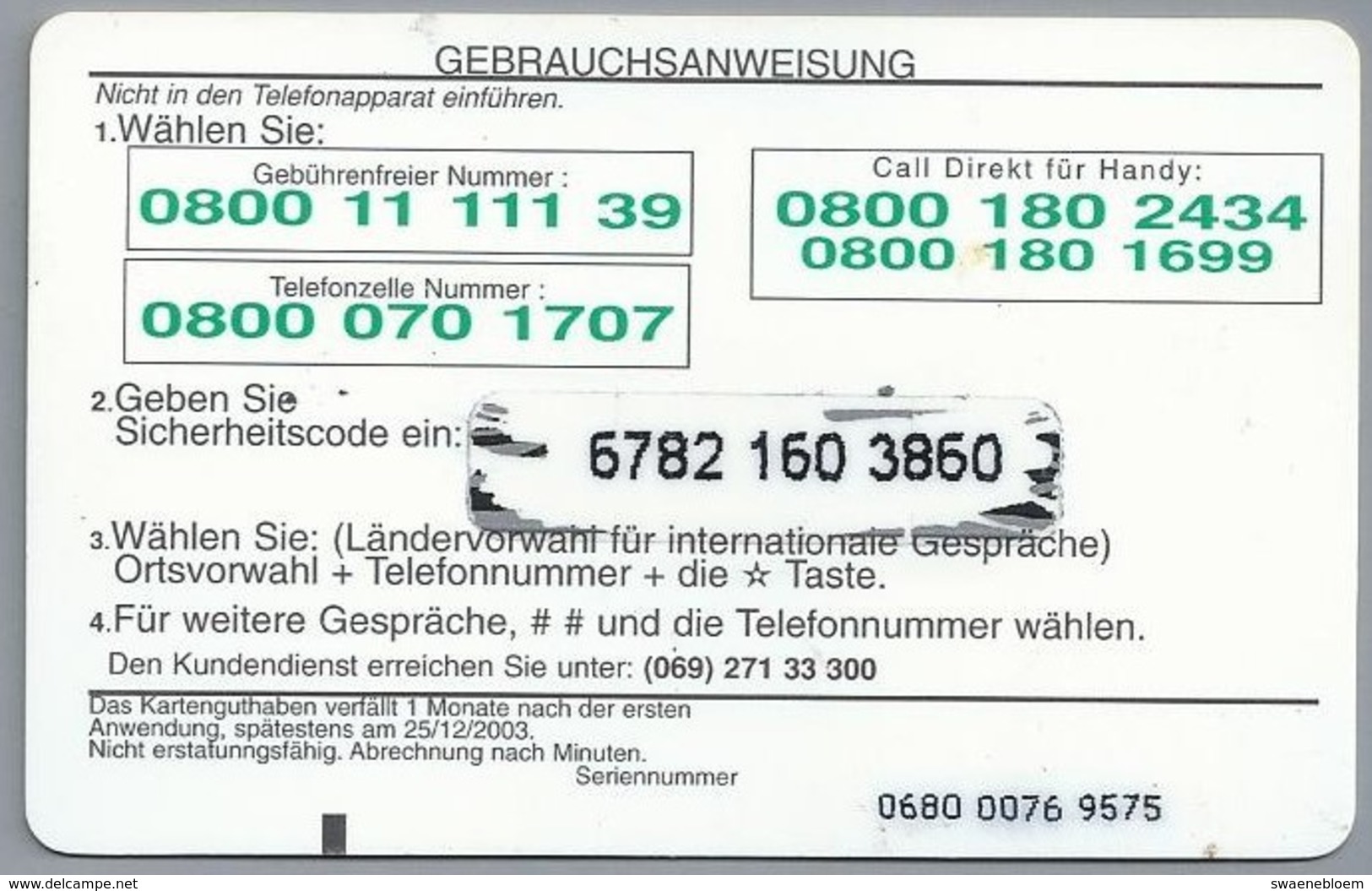 DE.- INTERNATIONAL PHONECARD. Serie 0680. HANDY 2 HANDY. VECTONE. GNANAM TELECOM CENTERS. € 5. - - GSM, Cartes Prepayées & Recharges