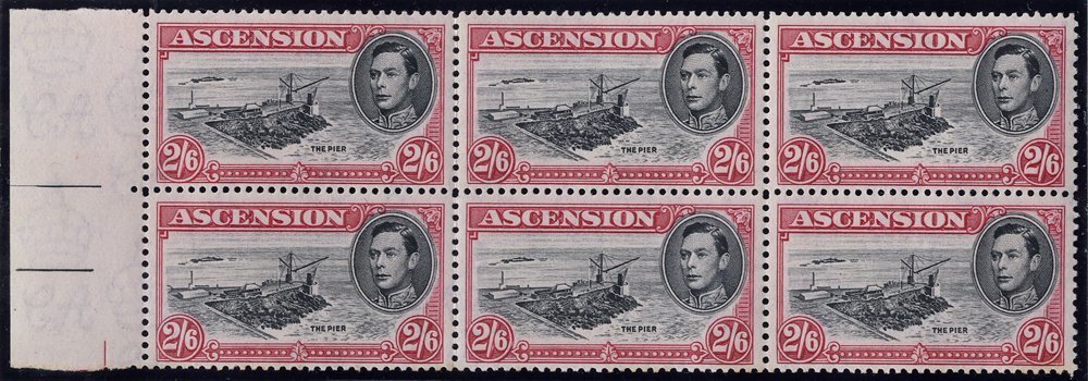 1944 P.13 2/6d Black & Deep Carmine Left Side Marginal UM Block Of Six Incl. R5/9 Davit Flaw (some Brown Gum Stains At E - Sonstige & Ohne Zuordnung