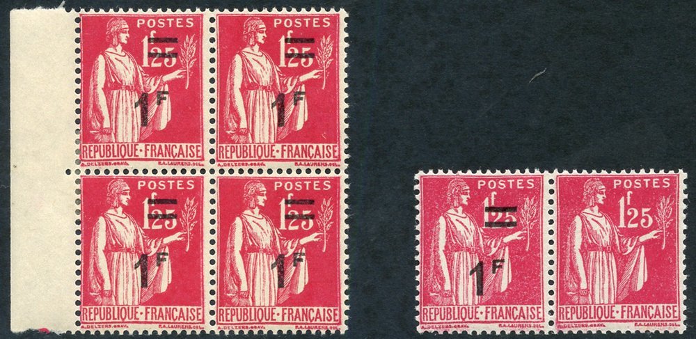 1941 1f On 1f.25 Peace Pair, Right Stamp With Surcharge Omitted, UM (signed), Also A Normal Block Of Four, Maury 483h. ( - Sonstige & Ohne Zuordnung
