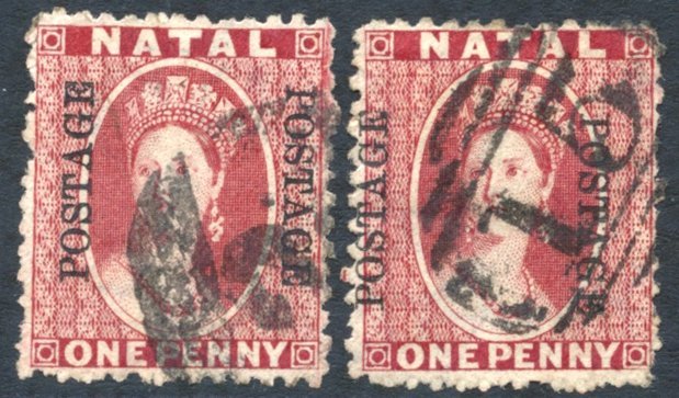 1874 1d Rose - Two Examples Cancelled '2' Of Durban And '15' Of Escourt, SG.65. - Sonstige & Ohne Zuordnung