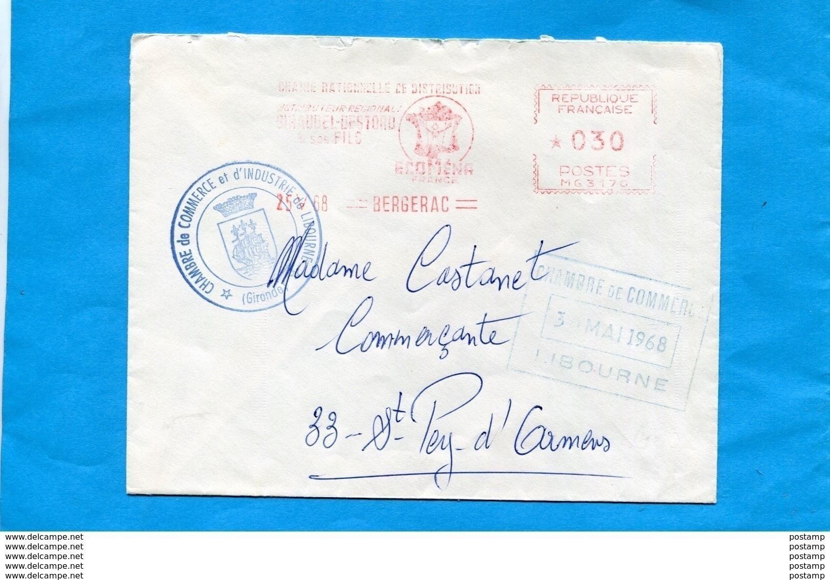 MARCOPHILIE-Lettre Commerciale GREVE 1968-cad EMA-25 Mai BERGERAC-distribuée Chambre Commerce LIBOURNE - Documents