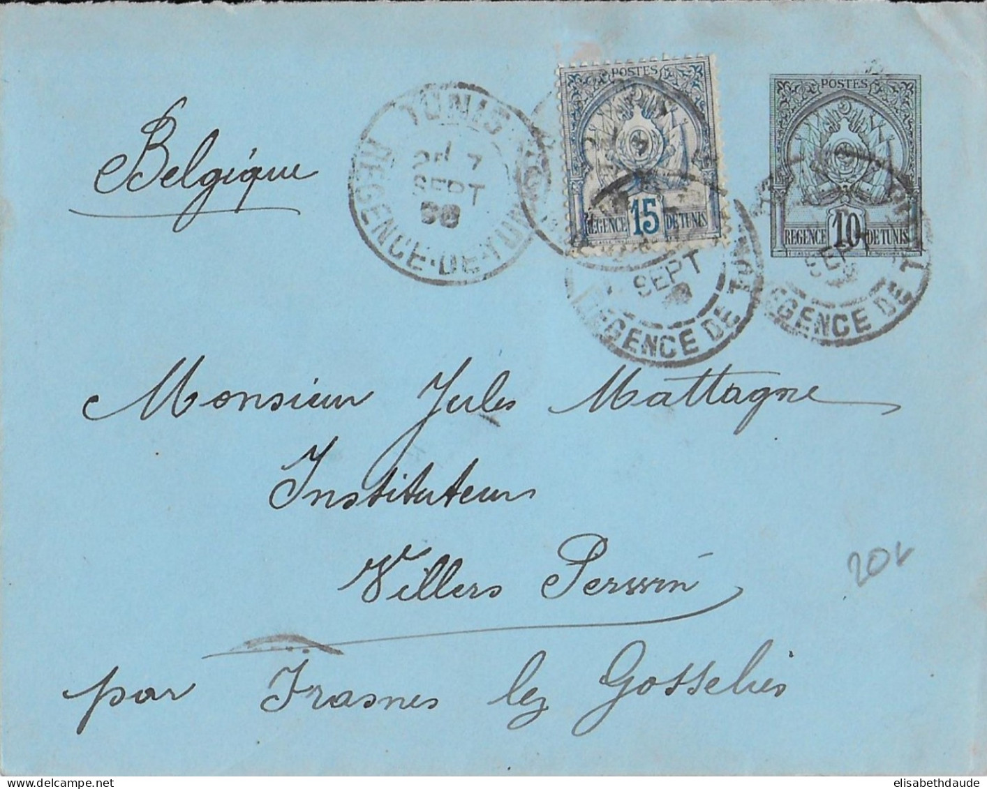 1898 - TUNISIE - ENVELOPPE ENTIER POSTAL De TUNIS => FRASNES LEZ GOSSELIES (BELGIQUE) - Lettres & Documents