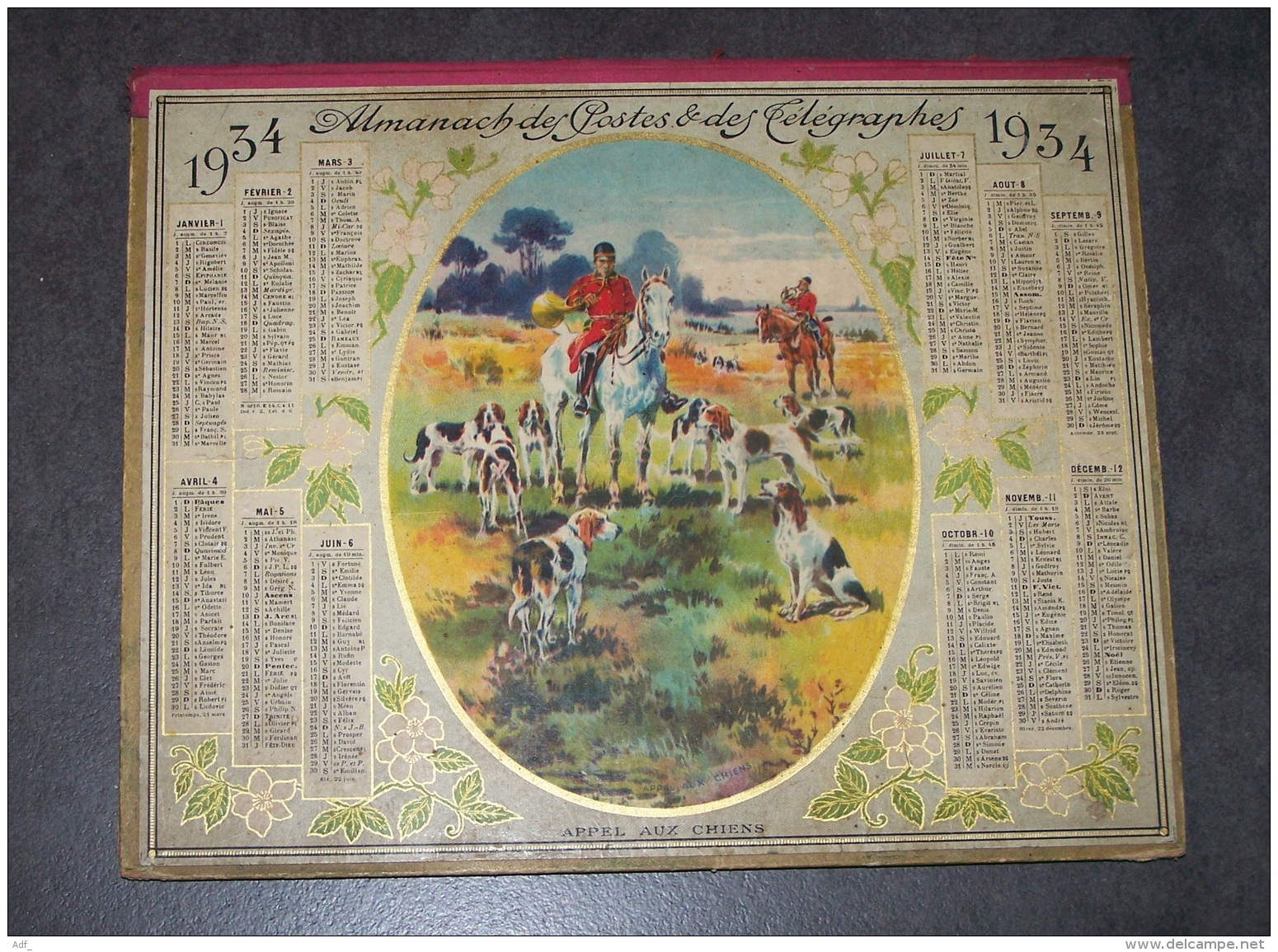 JOLI CALENDRIER DOUBLE APPEL AUX CHIENS, CHASSE A COURRE ANNEE 1934, ALMANACH DES POSTES ET DES TELEGRAPHES, ARDENNES 08 - Groot Formaat: 1921-40