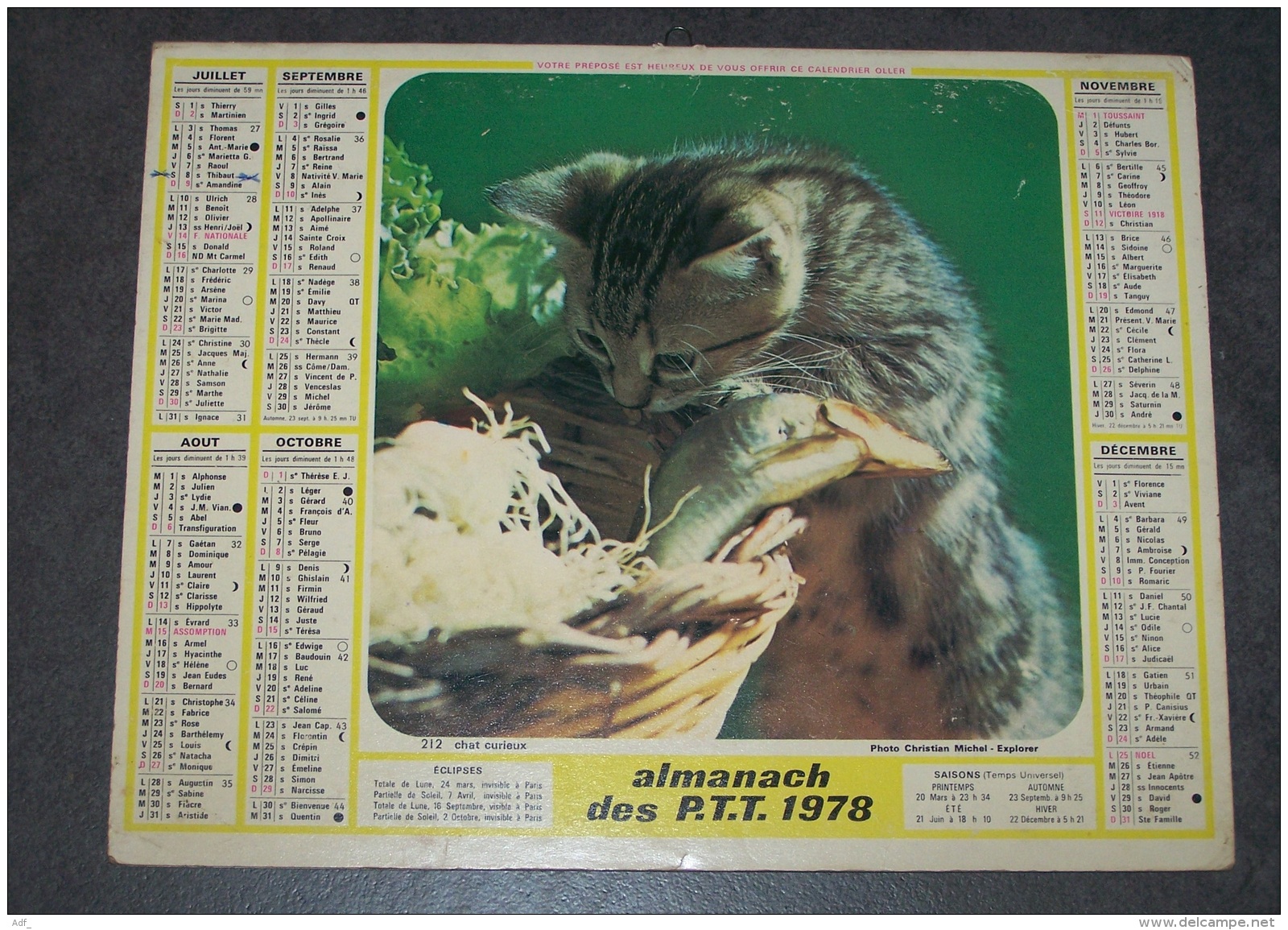 1978 ALMANACH CALENDRIER DES P.T.T, PTT, POSTE, CHIEN SAVANT, CHAT CURIEUX, OLLER, ARDENNES 08