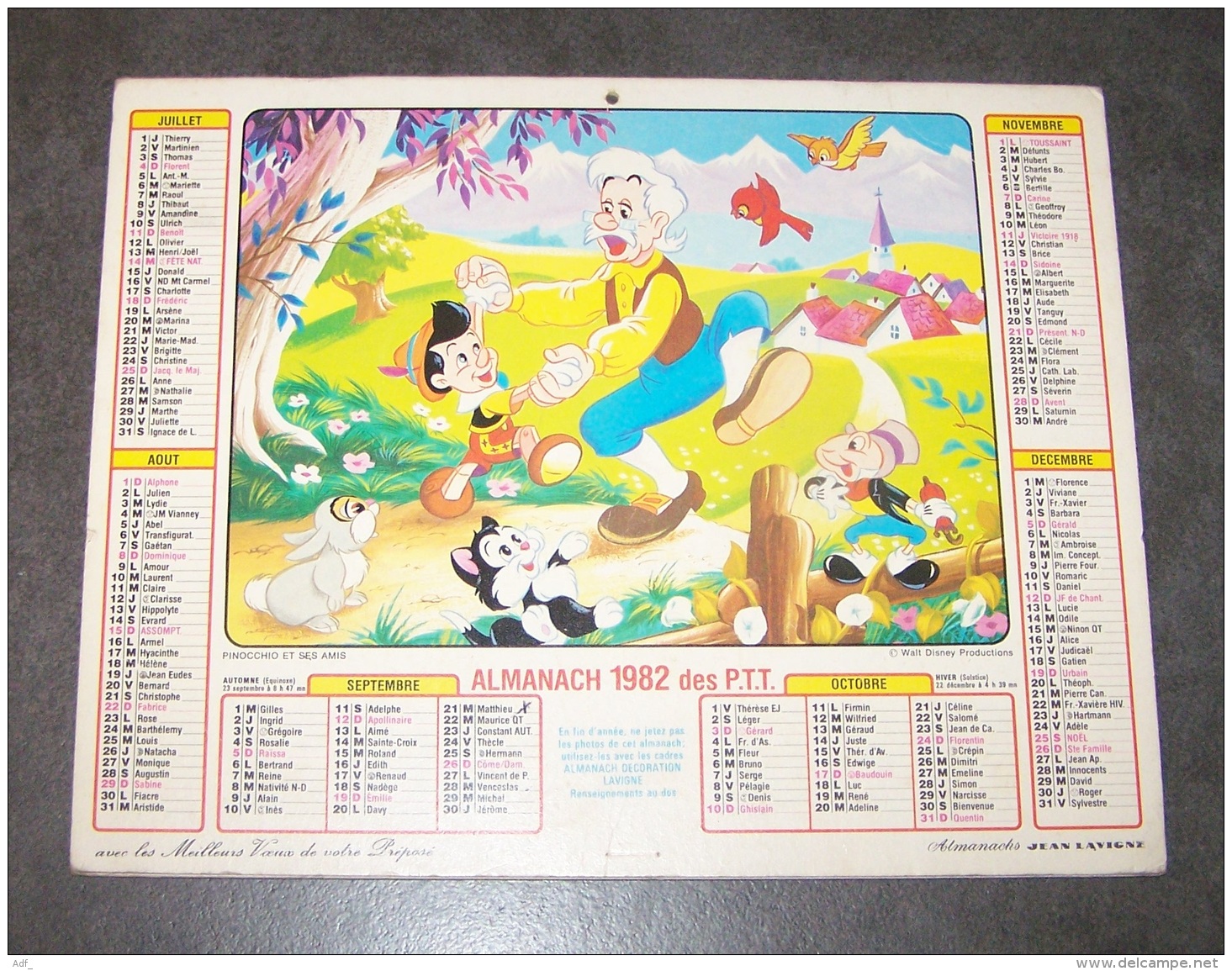 1982 ALMANACH CALENDRIER DES P.T.T, PTT, POSTE, WALT DISNEY PRODUCTIONS, PINOCCHIO, LAVIGNE, ARDENNES 08 - Grand Format : 1981-90