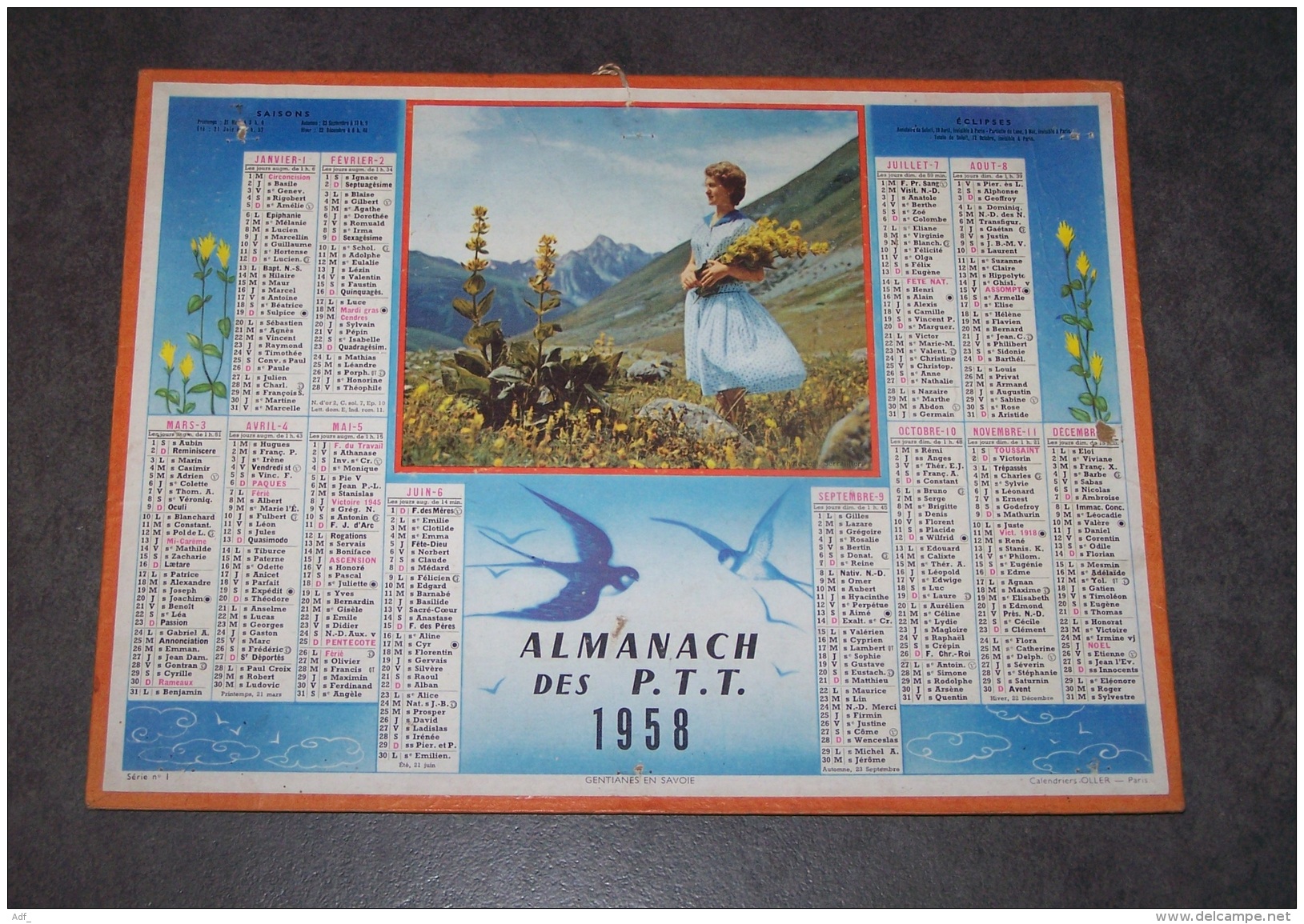 1958 ALMANACH CALENDRIER DES P.T.T, PTT, POSTE, OLLER, GENTIANES EN SAVOIE - Grand Format : 1941-60