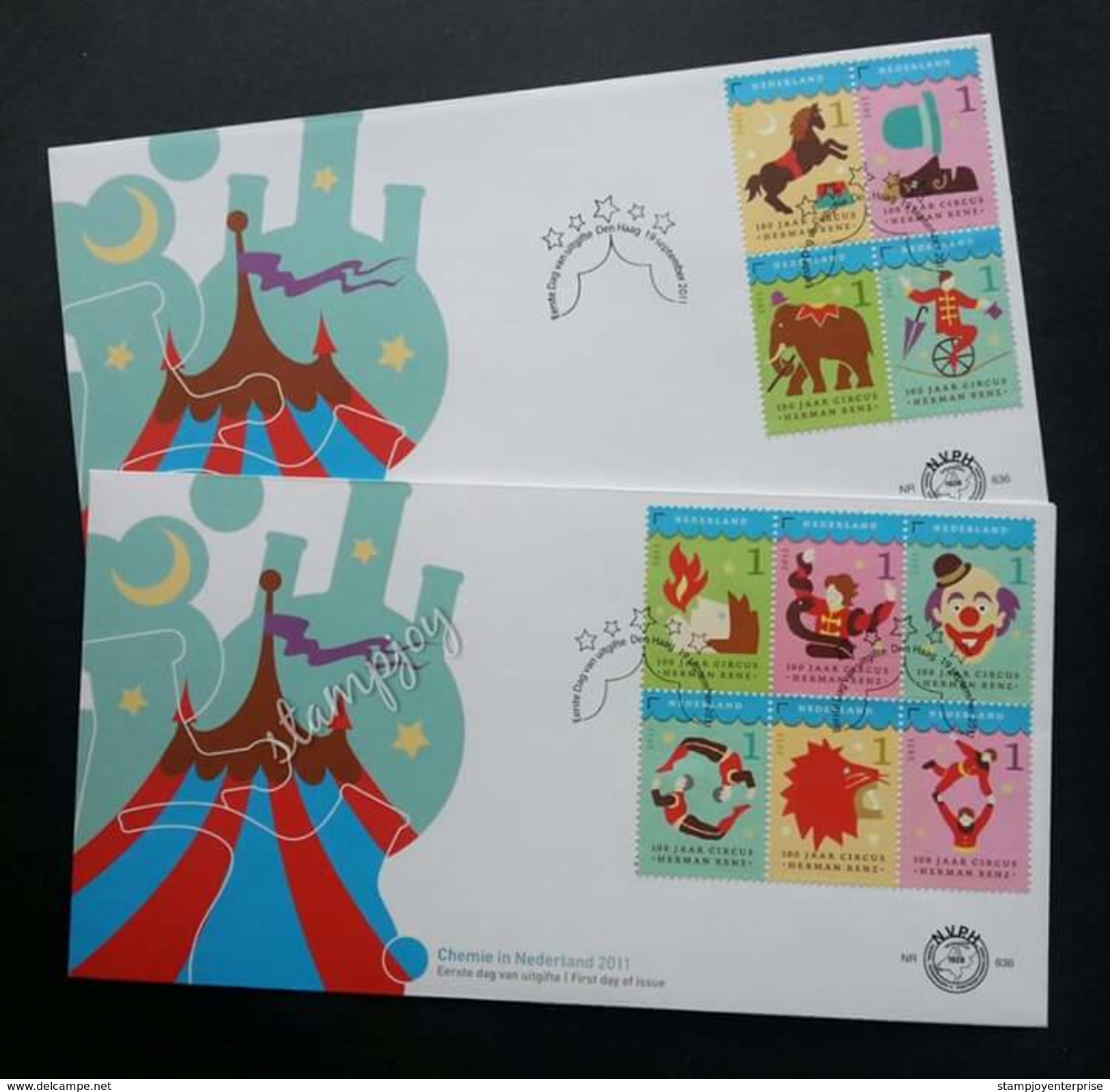 Netherlands Holland Circus 2011 Clown Lion Elephant Horse (FDC Pair) - Covers & Documents