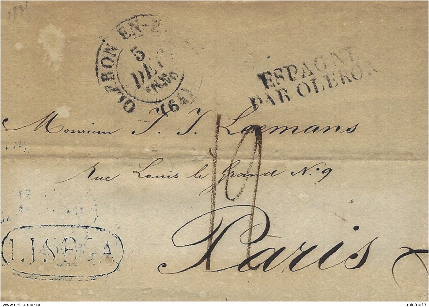 1835- Letter From LISBOA  To Paris  - Entrance : ESPAGNE / PAR OLERON Noir + Cad Oleron En Bearn  -taxe 12 D - ...-1853 Prephilately