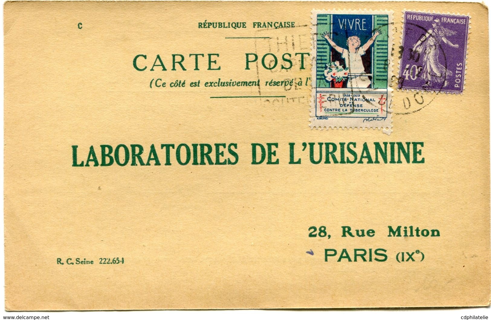 FRANCE CARTE POSTALE BON POUR UN FLACON ECHANTILLON D'URISANINE AVEC VIGNETTE DEPART THIERS 8-12-28 POUR LA FRANCE - Antituberculeux