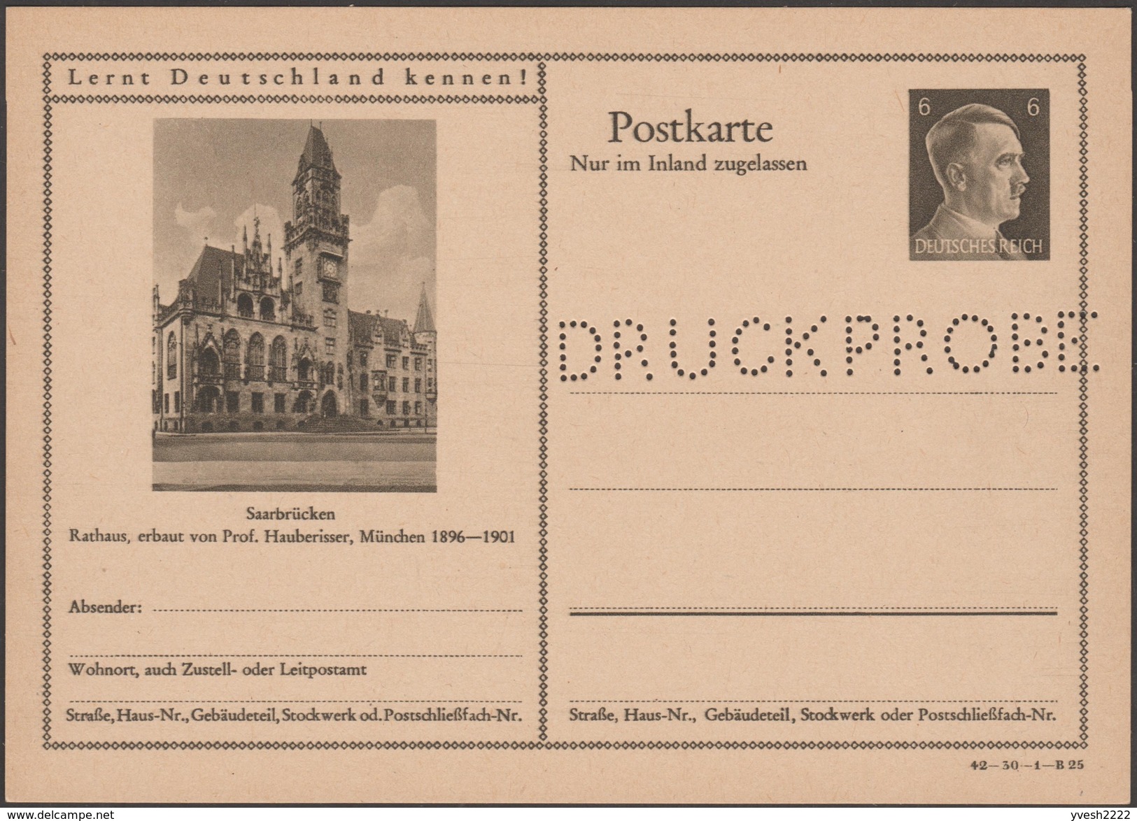 Allemagne 1942. 2 Entiers Postaux Touristiques Perforés Druckmuster, Spécimen. Saarbrücken : Théâtre, Mairie - Interi Postali