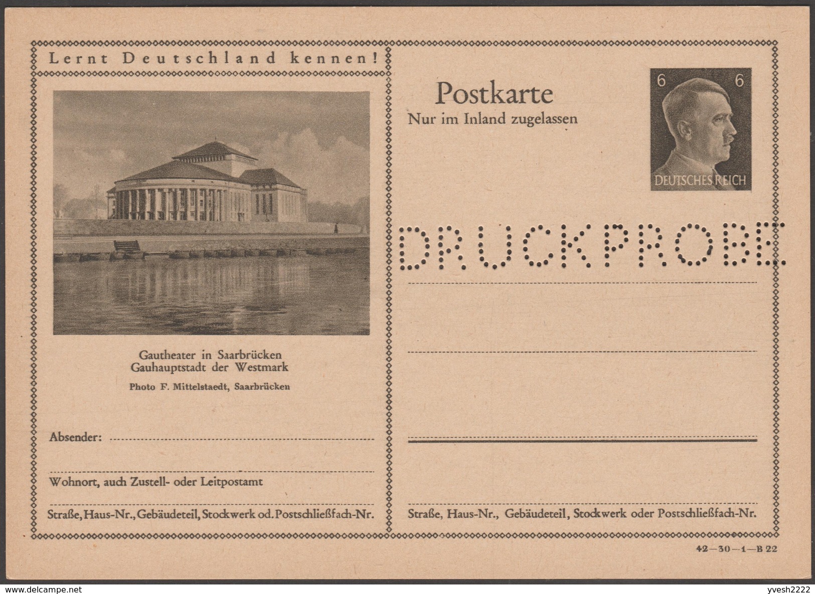 Allemagne 1942. 2 Entiers Postaux Touristiques Perforés Druckmuster, Spécimen. Saarbrücken : Théâtre, Mairie - Interi Postali