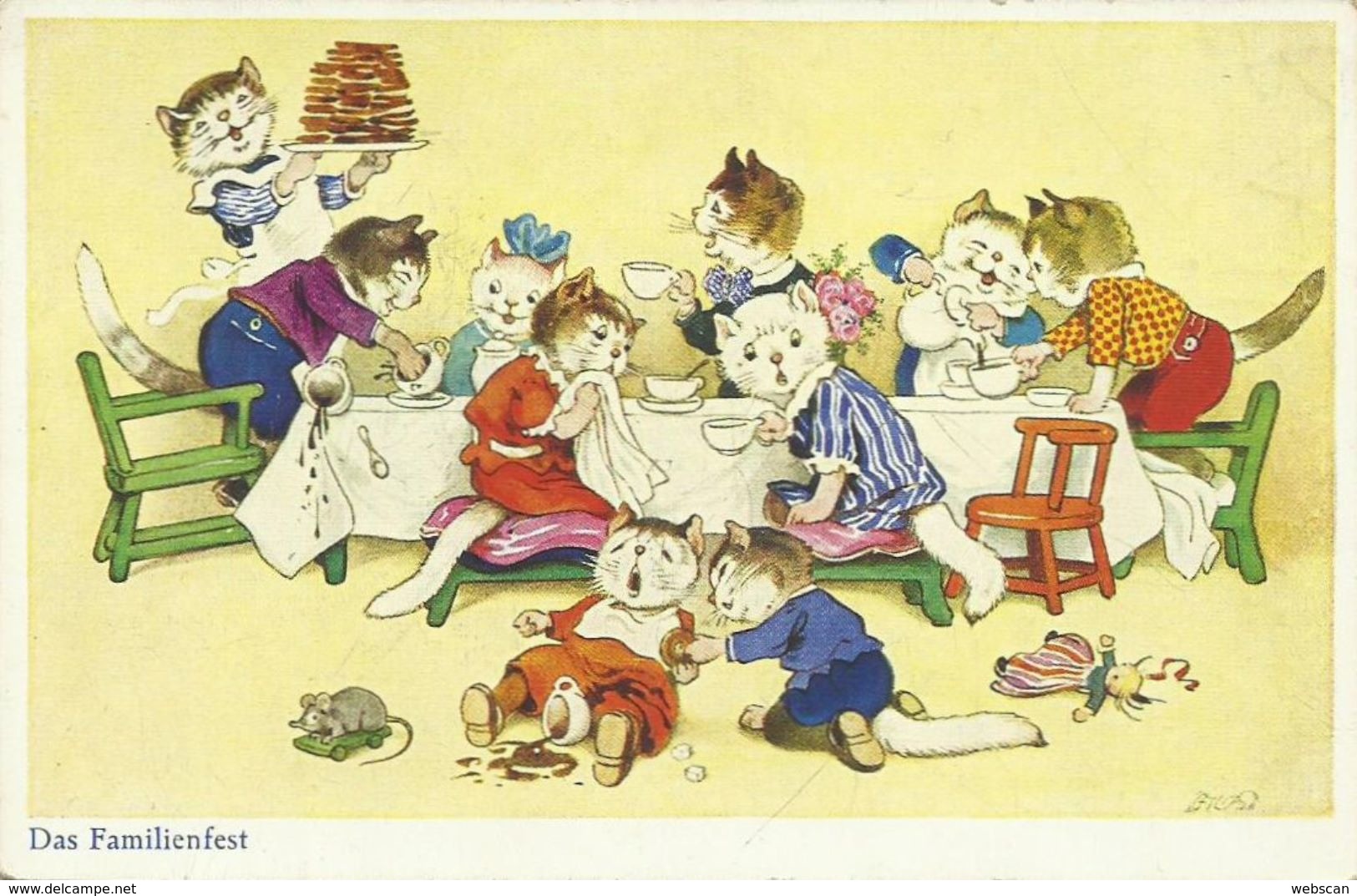 AK Fritz Baumgarten Katzen als Menschen Familienfest color ~1920 #46