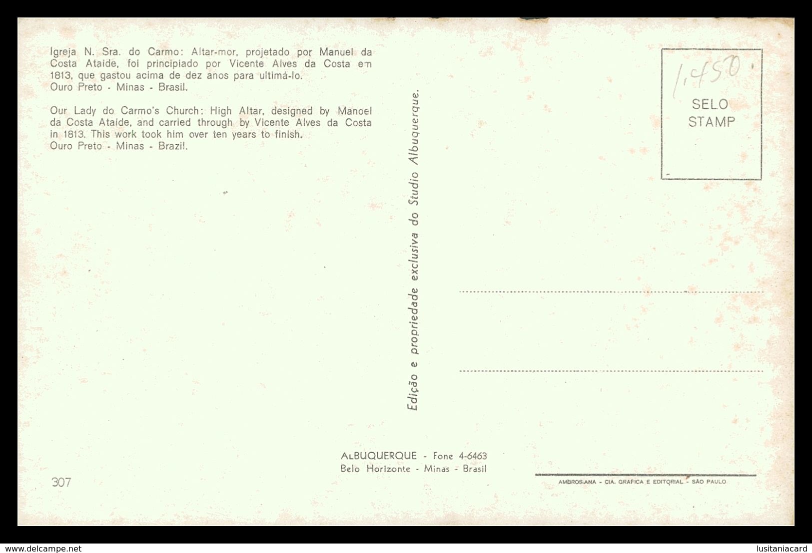 MINAS GERAIS-OURO PRETO - Igreja N. S. Do Carmo( Ed. Studio Albuquerque Nº 307) Carte Postale - Belo Horizonte