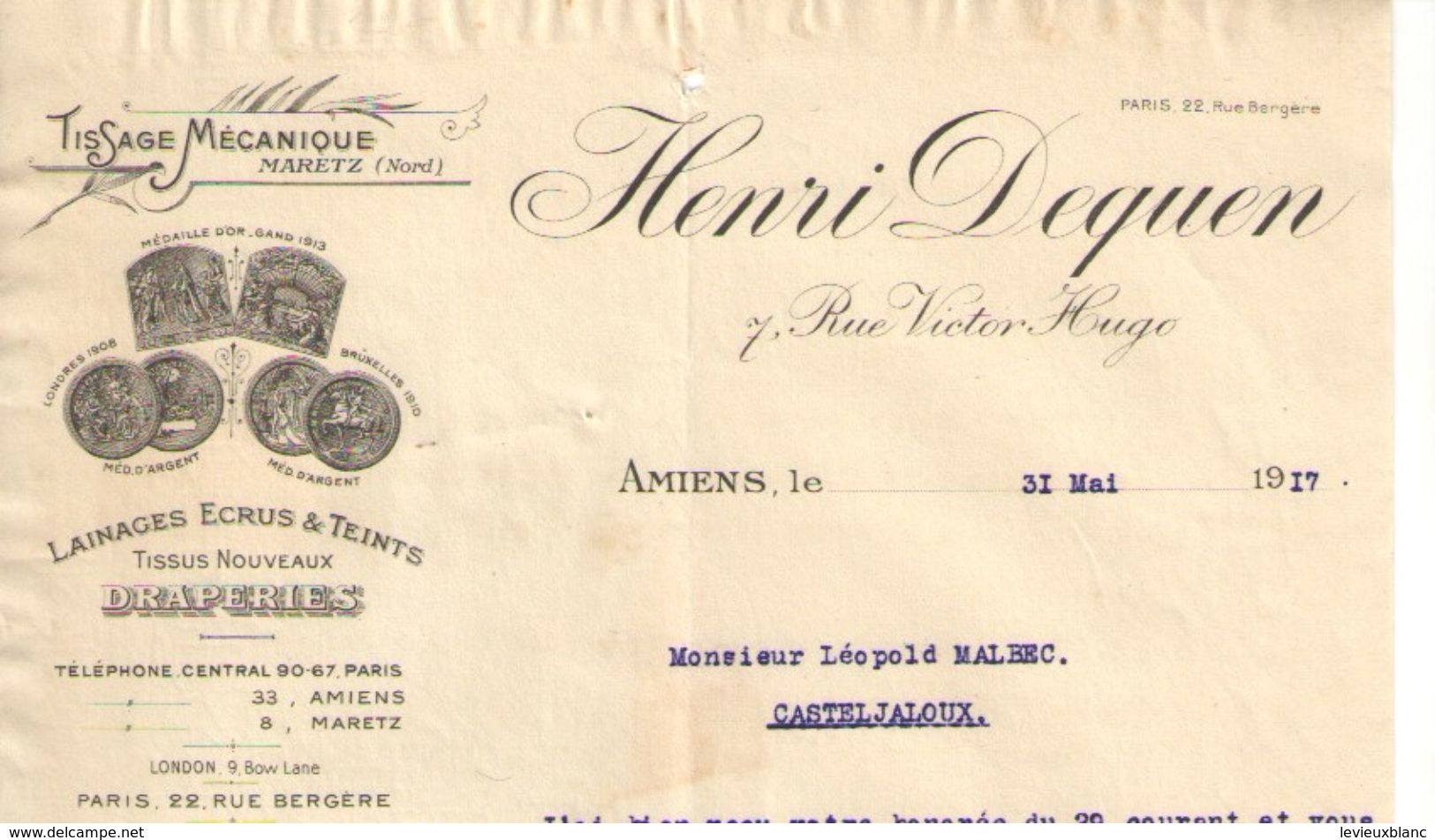 Ancienne Lettre Commerciale / Tissage Mécanique/Draperies/AMIENS/ Maretz/Nord/ Henri DEQUEN/1917              FACT250 - Textile & Clothing