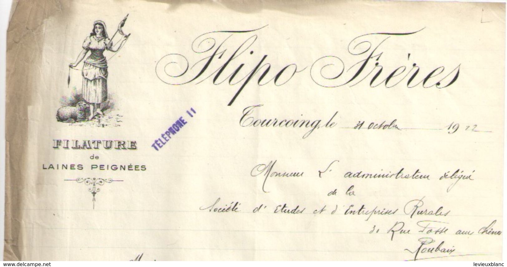 Lettre Ancienne/ Filature De Laines Peignées/ FLIPO-FRERES / TOURCOING / Nord /1912  FACT263 - Textilos & Vestidos