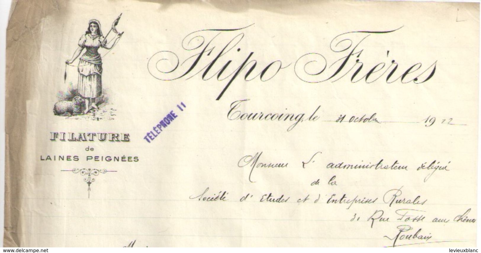 Lettre Ancienne/ Filature De Laines Peignées/ FLIPO-FRERES / TOURCOING / Nord /1912  FACT263 - Kleding & Textiel