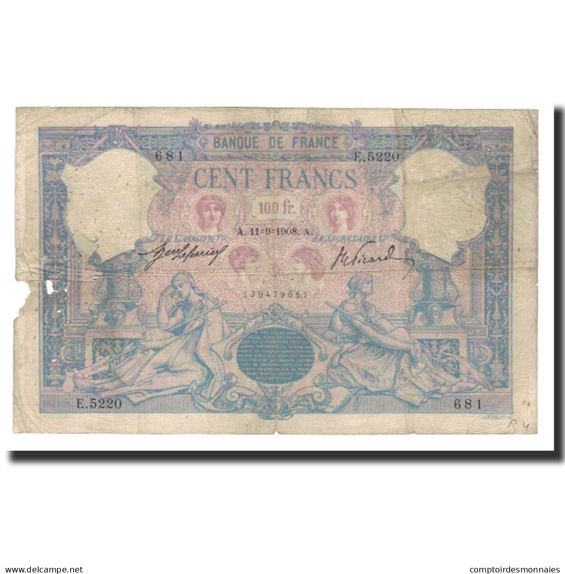 Billet, France, 100 Francs, 1908-09-11, B+, Fayette:21.23, KM:65e - 100 F 1888-1909 ''Bleu Et Rose''