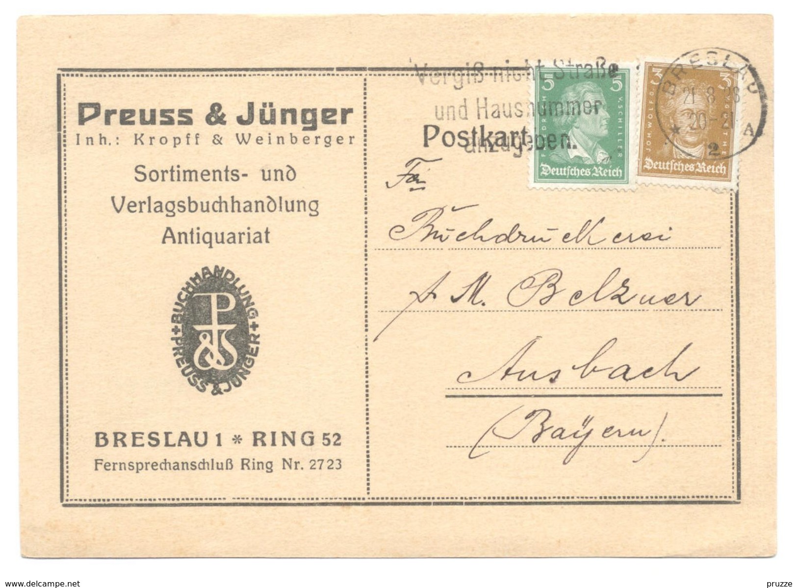 Firmen-Ganzsache Postkarte, Preuss & Jünger Breslau 1928 Nach Ansbach - Postkarten