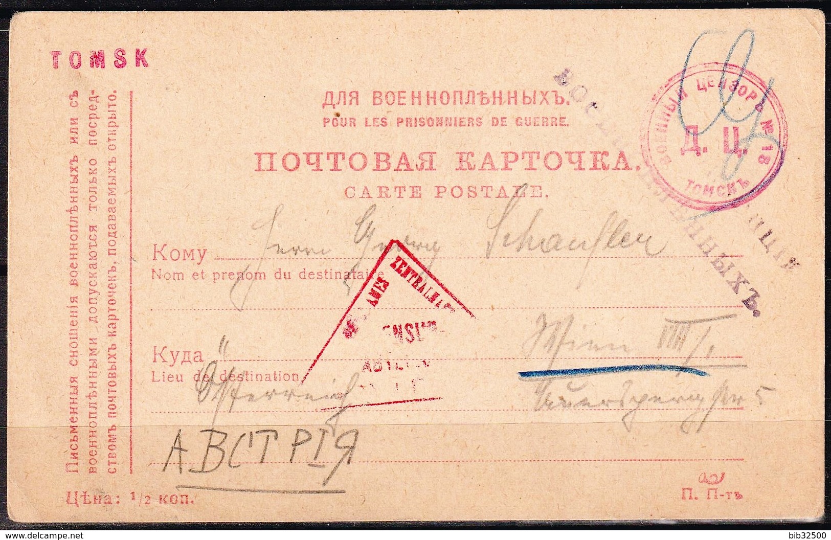 Correspondance Des Prisonniers De Guerre -:- Carte Poste Envoyée De TOMSK Pour L'AUTRICHE - - 1916-19 Occupation: Germany