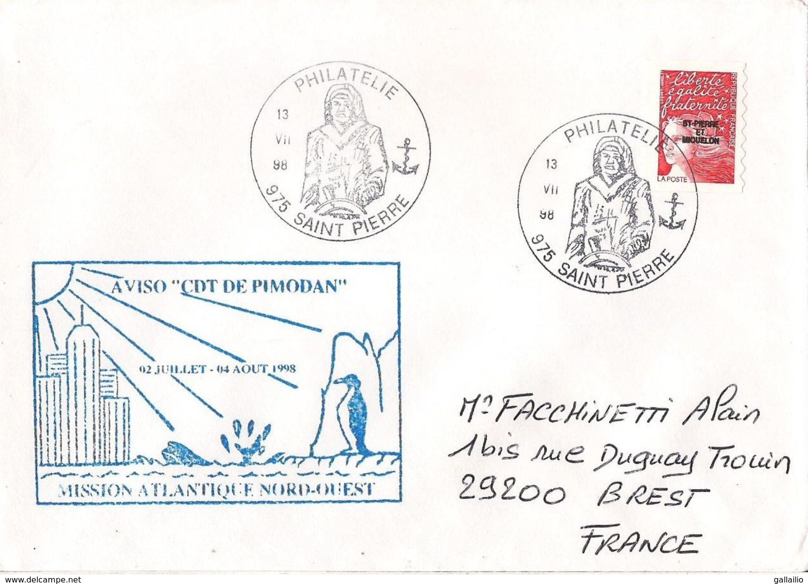 MARCOPHILIE NAVALE LETTRE SAINT PIERRE ET MIQUELON AVISO CDT DE PIMODAN MISSION ATLANTIQUE NORD OUEST JUILLET 1998 - Lettres & Documents