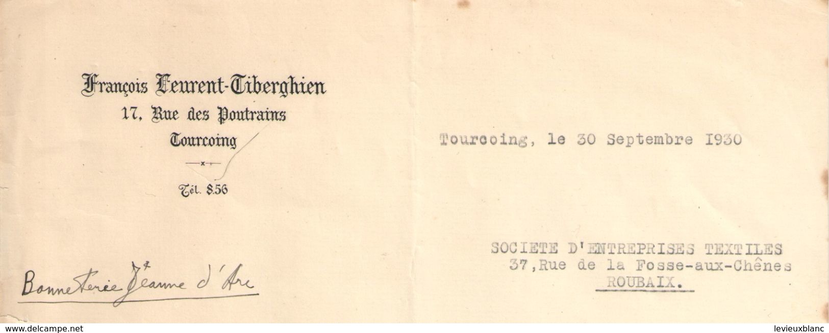 Lettre Commerciale Ancienne/Bonneterie Jeanne D'Arc/ François Leurent-Tiberghien/TOURCOING/Roubaix/1930      FACT238 - Kleding & Textiel