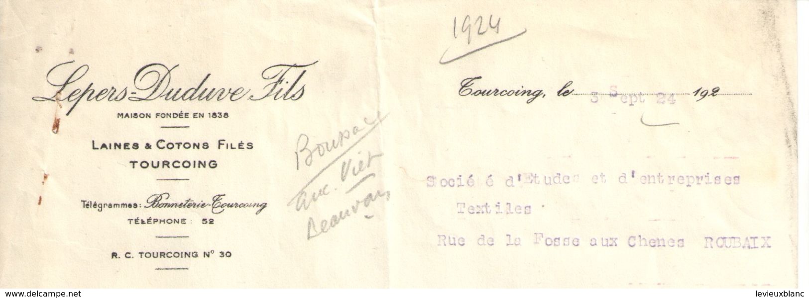 Lettre Commerciale Ancienne/Laines & Cotons Filés / Tourcoing / LEPERS-DUDUVE Fils/1930      FACT239 - Textile & Clothing