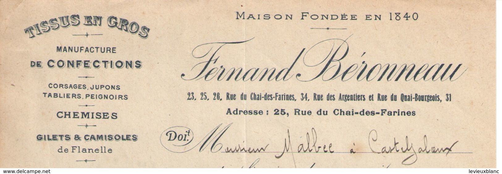 Facture Ancienne/ Tissus En Gros /Manufacture Chemises/Fernand Béronneau/BORDEAUX/ Malbec/CASTELJALOUX//1920     FACT273 - Kleding & Textiel