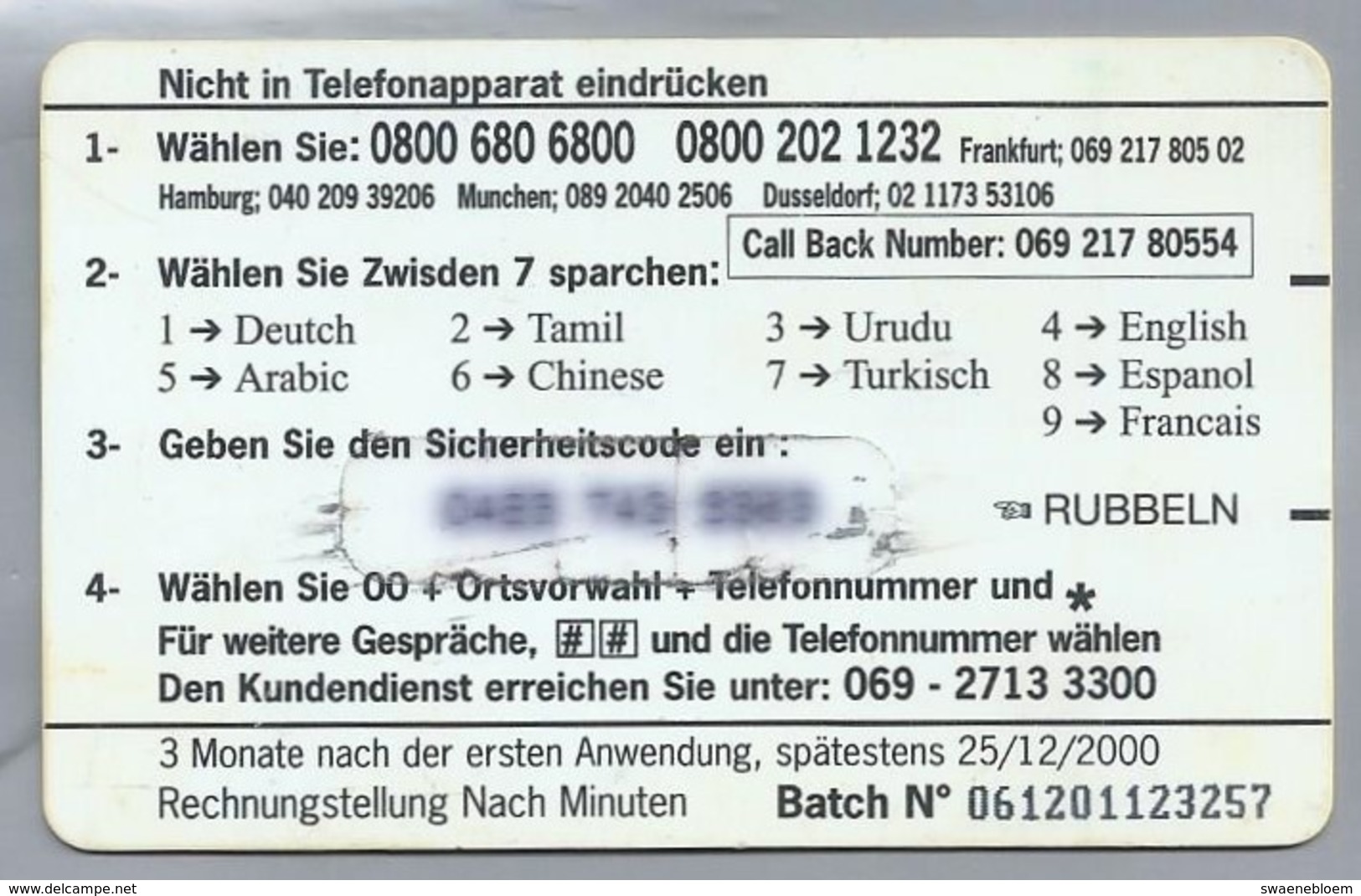 DE.- Telecom TELEFONKARTE. Batch Nr 0612. - Gnanam. Telecom Centers. Taj Mahal. 30 DM. - [2] Mobile Phones, Refills And Prepaid Cards