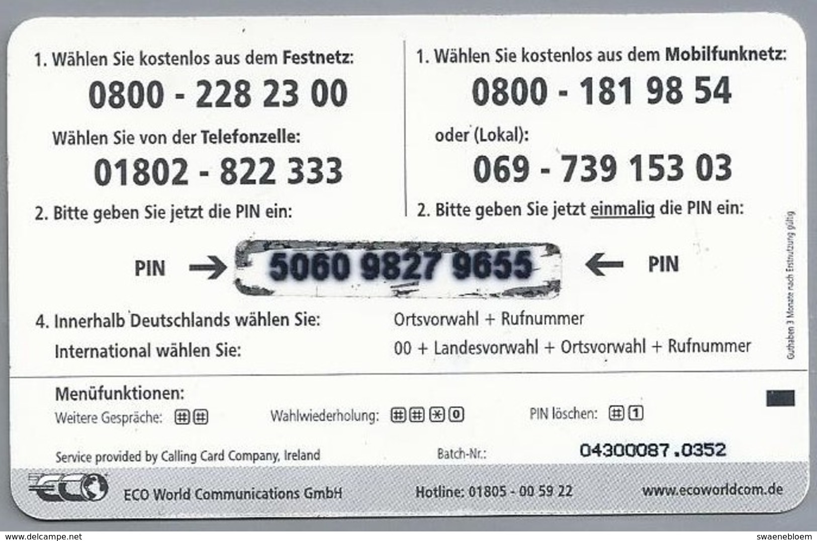 DE.- Telefoonkaart. ECO. EUROEXTRA PHONECARD. 5 €. Super Verbindung. Europa - USA - Kanada. EURO EXTRA. - GSM, Cartes Prepayées & Recharges