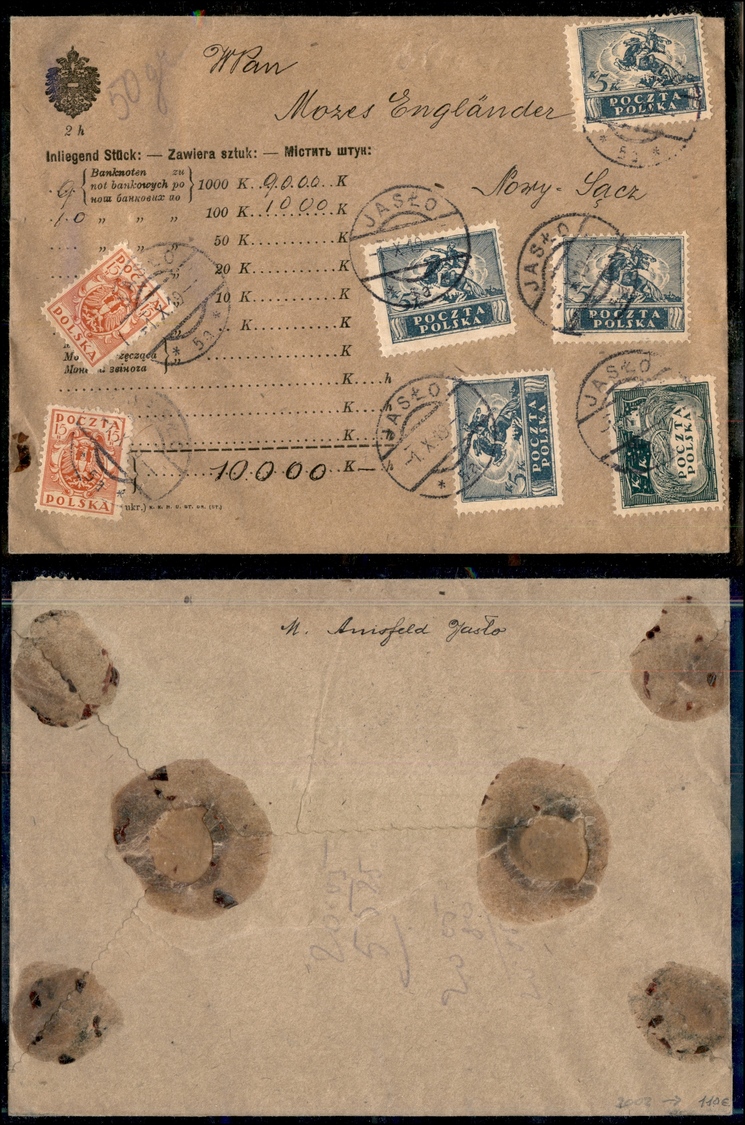 12149 ESTERO - POLONIA - POLONIA - 1919 - Lettera Da Jaslo A Nomy Sacz Del 1.10.19 - Assicurata Per 10000 Corone (68x2 + - Sonstige & Ohne Zuordnung