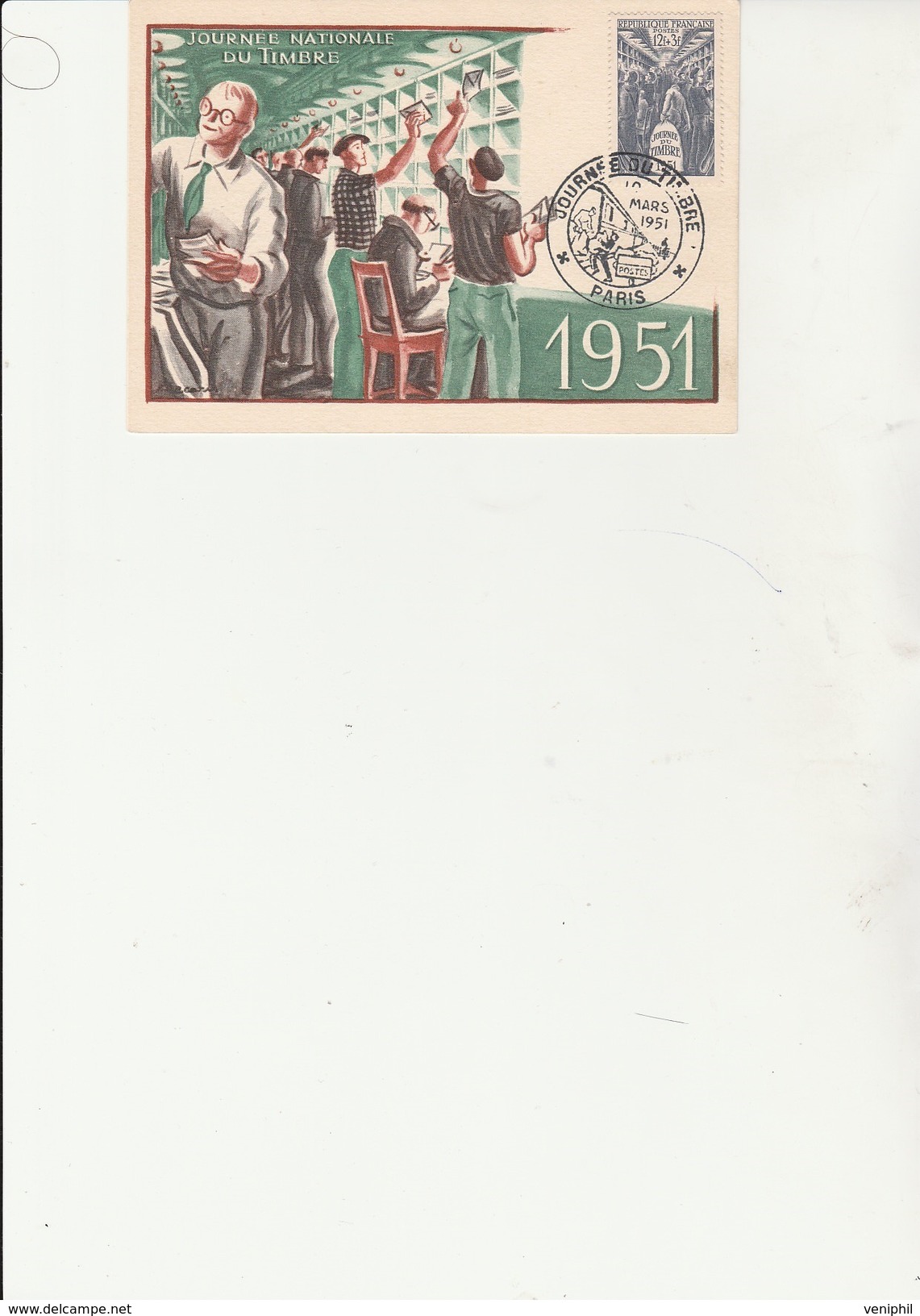 JOURNEE DU TIMBRE 1951 - CARTE ILLUSTREE -AVEC CACHET ILLUSTRE PARIS -  COTE :160 € - 1950-1959