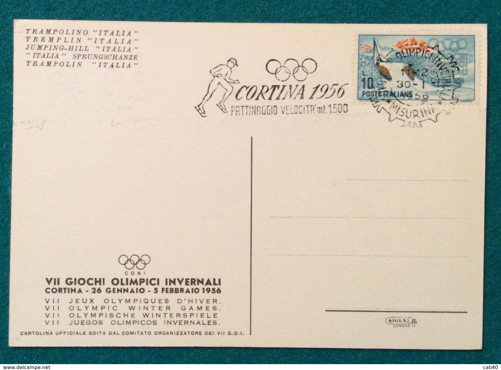 OLIMPIADI CORTINA 1956 CARTOLINA UFFICIALE  ANNULLO DI  MISURINA 30/1/1956 PATTINAGGIO VELOCITA' MT.1500 - Summer 1924: Paris