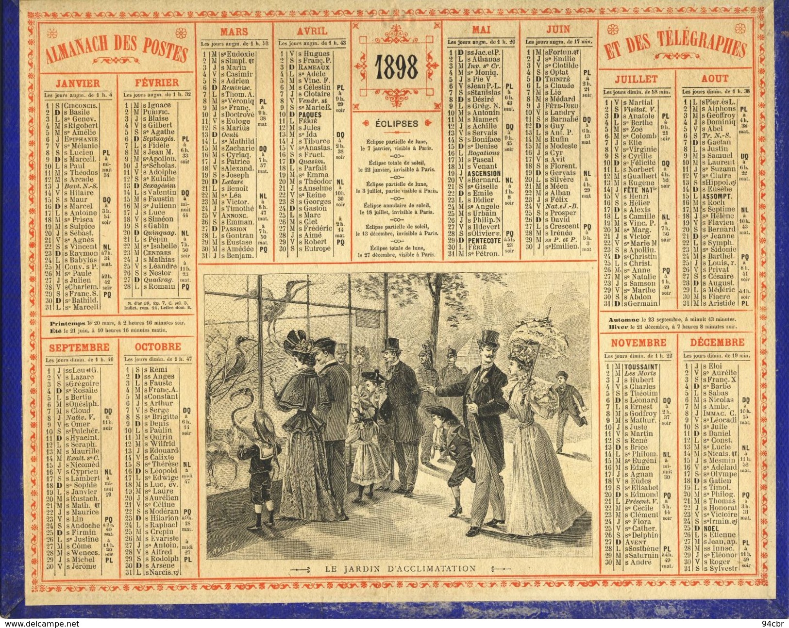 (CALENDRIER) ALMANACH 1898 Des Postes Et Telegraphes (le Jardin D Acclimatation) - Groot Formaat: ...-1900