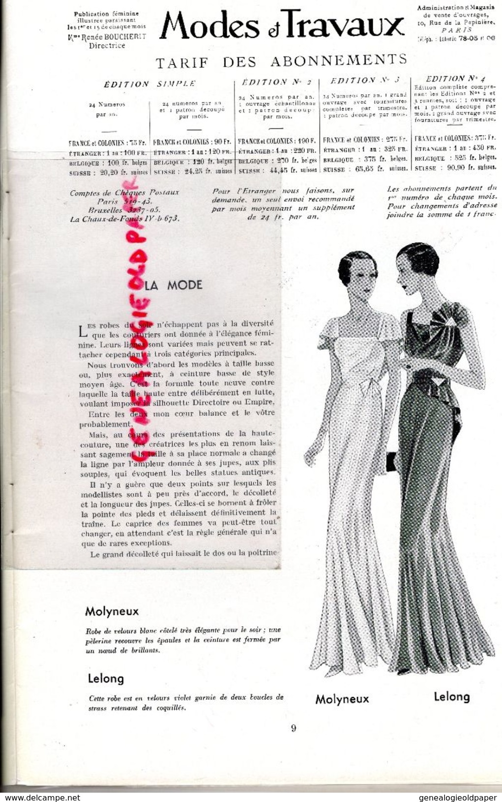 REVUE MODES & TRAVAUX-1ER NOVEMBRE 1932- N° 309- BOUCHERIT-FOURRURES GUELIS PARIS-BEBE NESTLE-MOLYNEUX-LELONG- - Mode