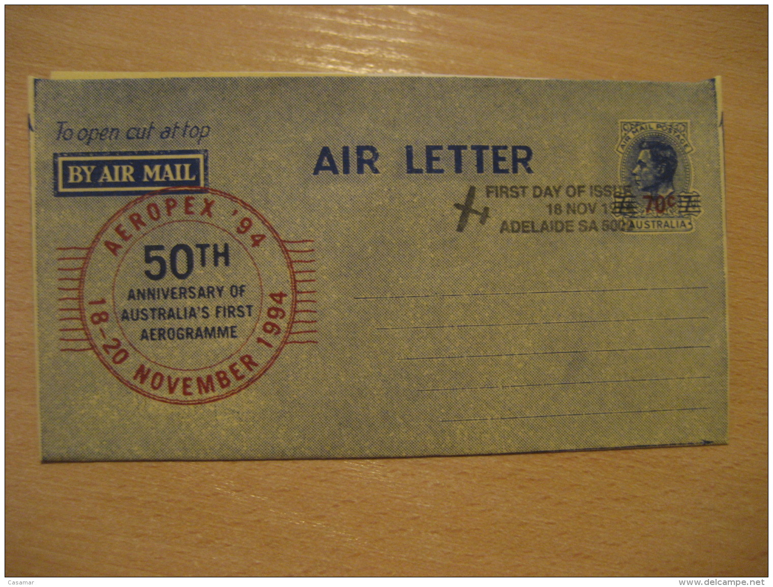 50th Anniversary First Aerogramme Air Letter ADELAIDE 1994 Air Mail AUSTRALIA - Aerogrammi