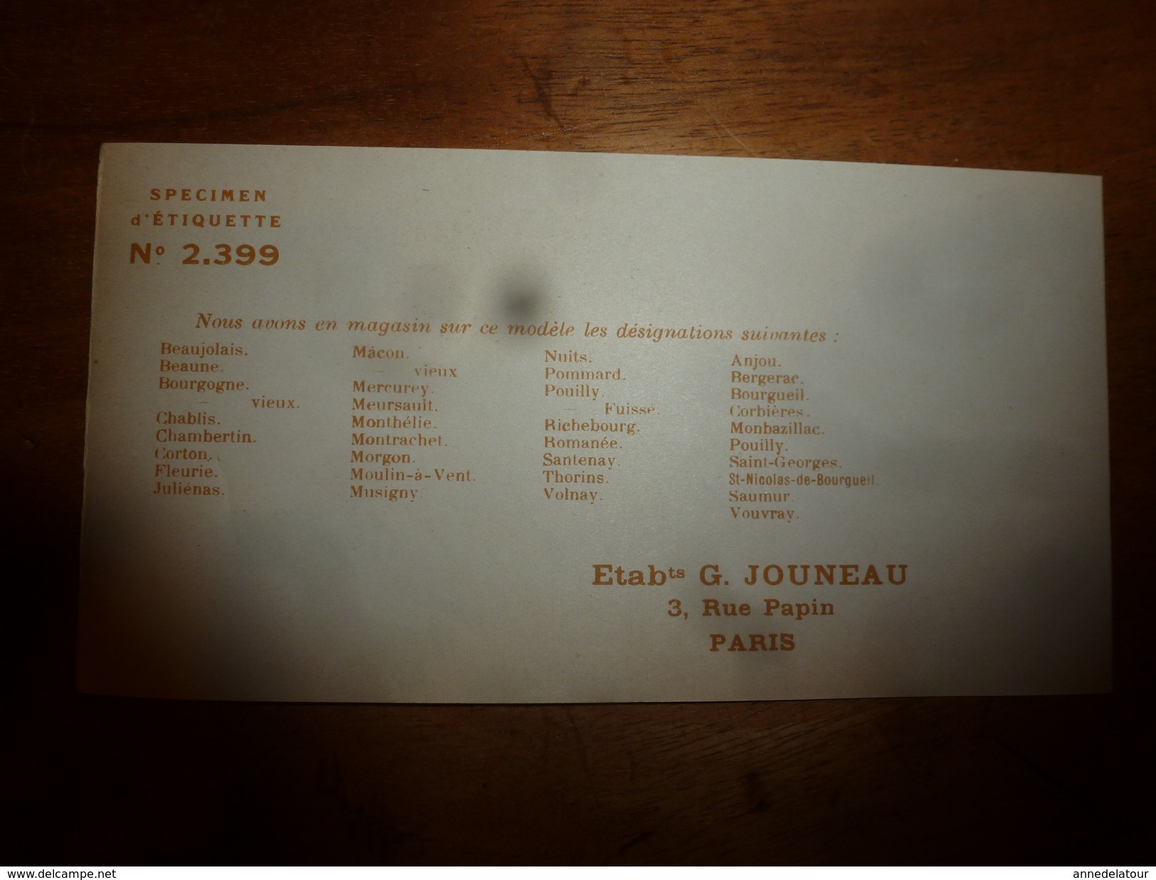 1920 ? Spécimen étiquette De Vin  CORBIERES ,   N° 2399, Déposé,  Imprimerie G.Jouneau  3 Rue Papin à Paris - White Wines