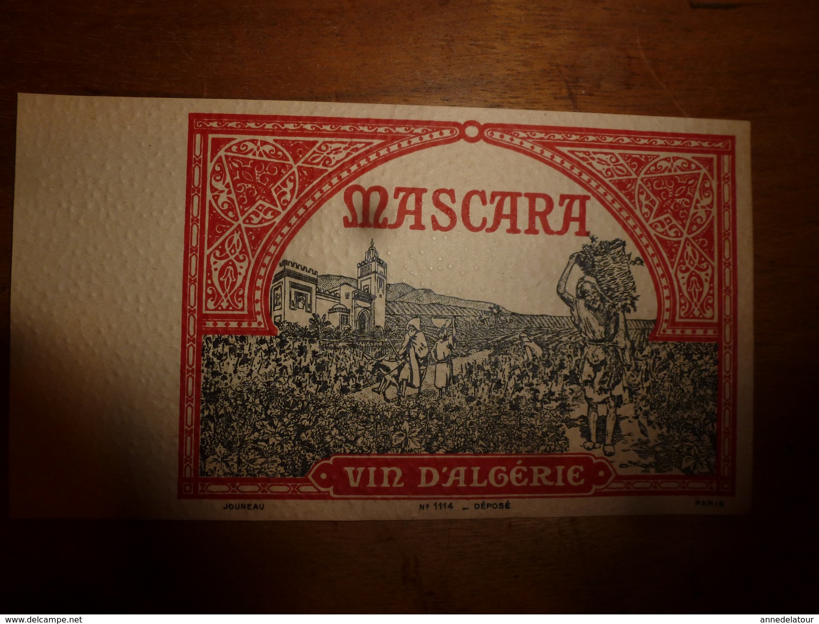 1920 ? Spécimen étiquette De Vin  D'ALGERIE - MASCARA   N° 1114, Déposé,  Imprimerie G.Jouneau  3 Rue Papin à Paris - Volkeren