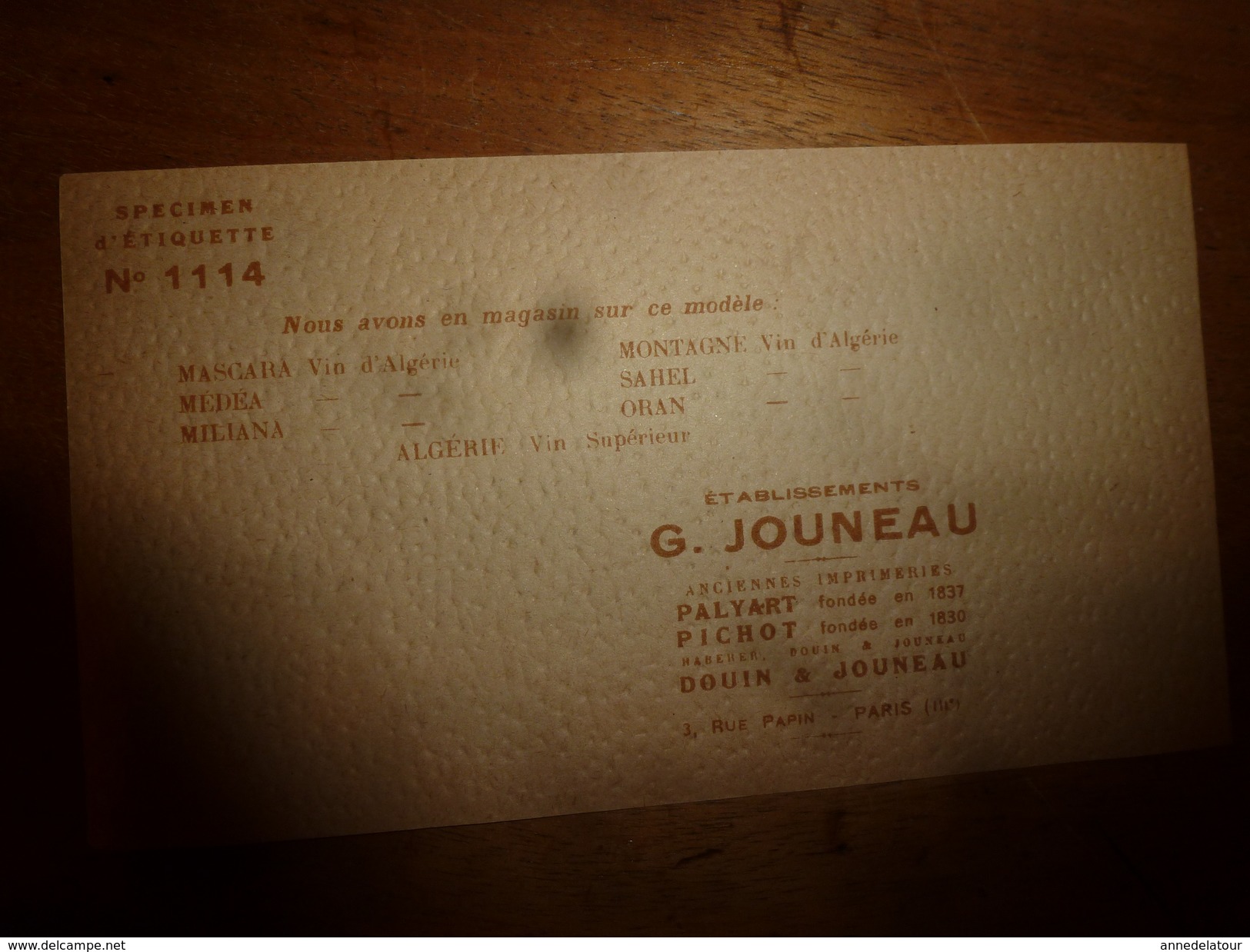 1920 ? Spécimen étiquette De Vin  D'ALGERIE - MASCARA   N° 1114, Déposé,  Imprimerie G.Jouneau  3 Rue Papin à Paris - Pueblos