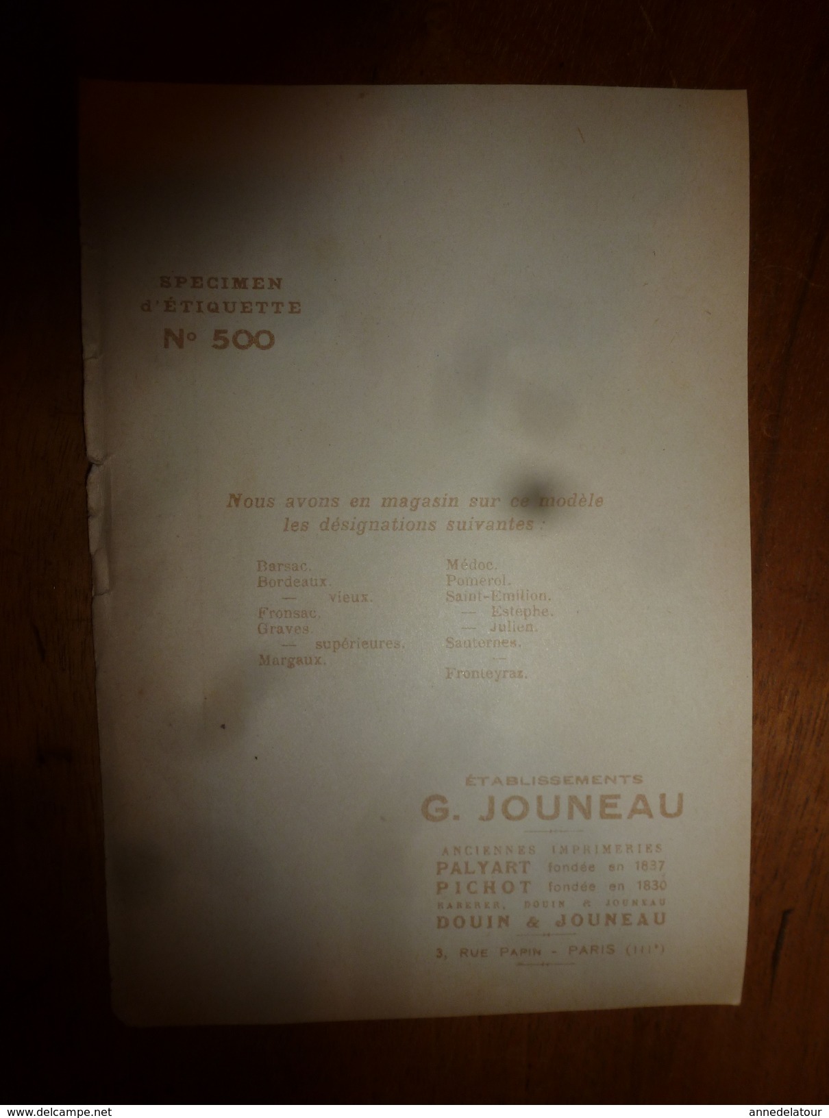 1920 ? Spécimen étiquette De Vin FRONTEYRAZ, N° 500 ,  Déposé,  Imprimerie G.Jouneau  3 Rue Papin à Paris - Châteaux