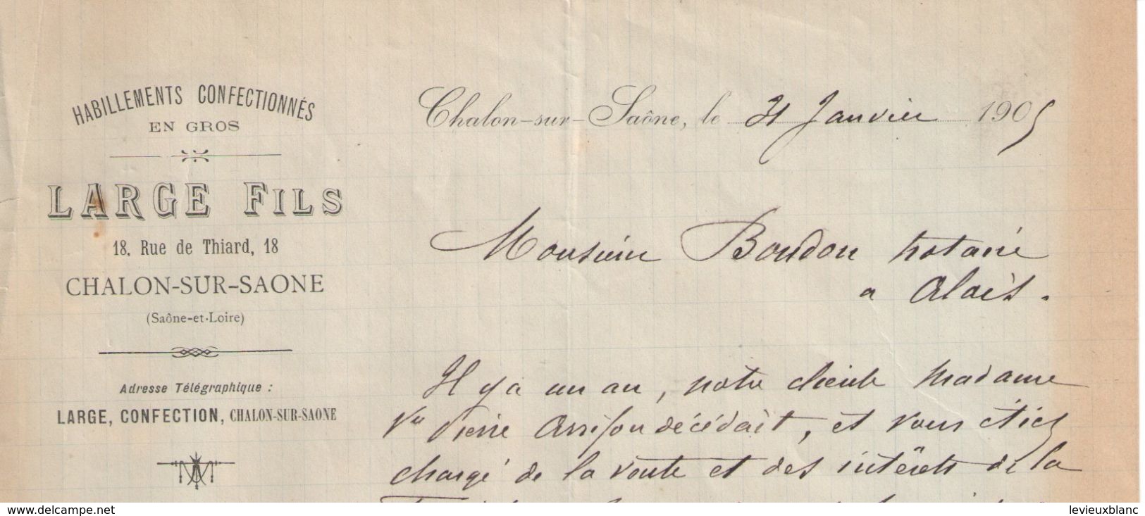 Lettre Commerciale Ancienne/Habillement Confectionné En Gros/Large Fils /CHÂLON Sur SAÔNE/(S & L)/ 1905      FACT296 - Kleding & Textiel