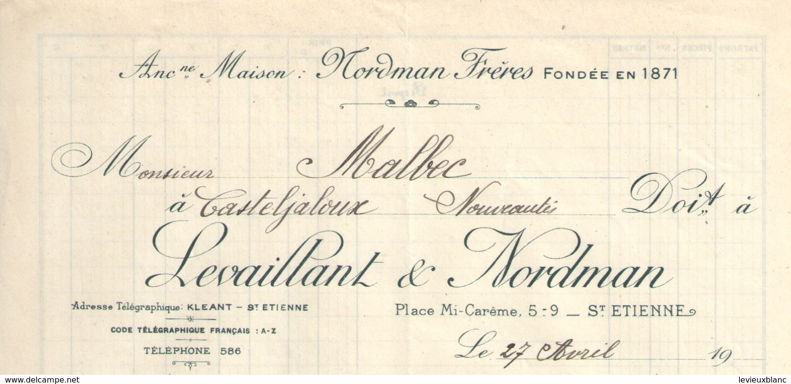 Facture Commerciale Ancienne/Levaillant & Nordman/SAINT ETIENNE/Loire// 1920      FACT297 - Textilos & Vestidos