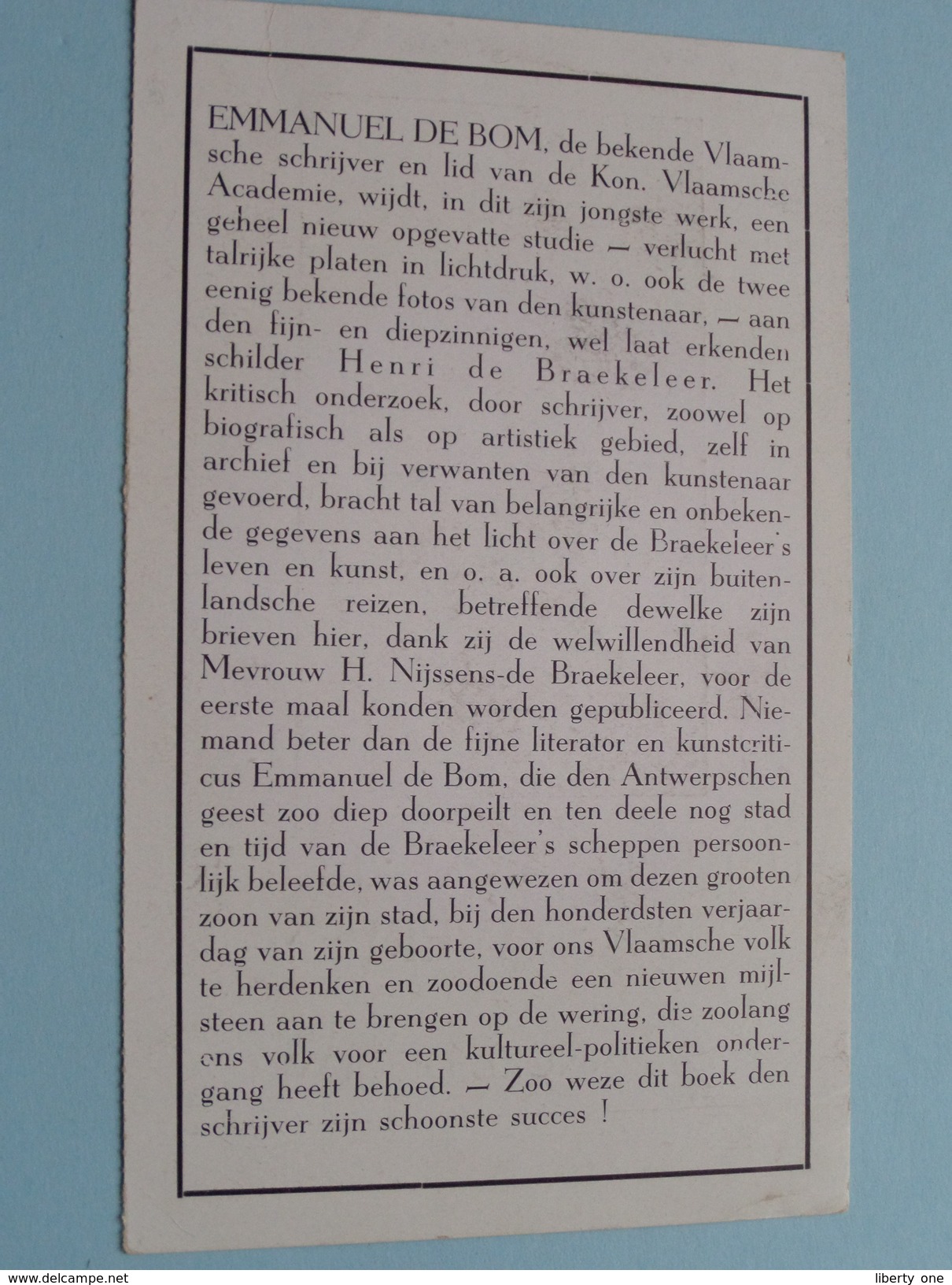 HENRI De BRAEKELEER En ANTWERPEN Door Emmanuel DE BOM ( Uitgever " DIE POORTE " ) 10 X 16 Cm. / Boek / Voorstelling ! - Autres Accessoires