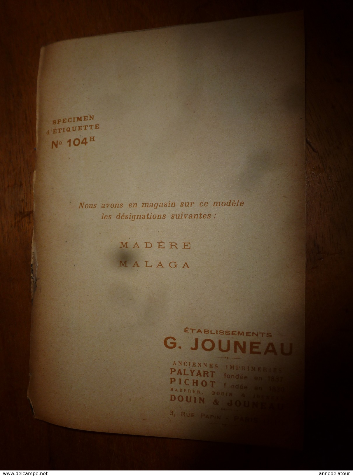 1920 ? Spécimen étiquette De Vin MADÈRE D'origine ,n° 104H ,déposé, Imp. G.Jouneau  3 Rue Papin à Paris - Arte Nuevo