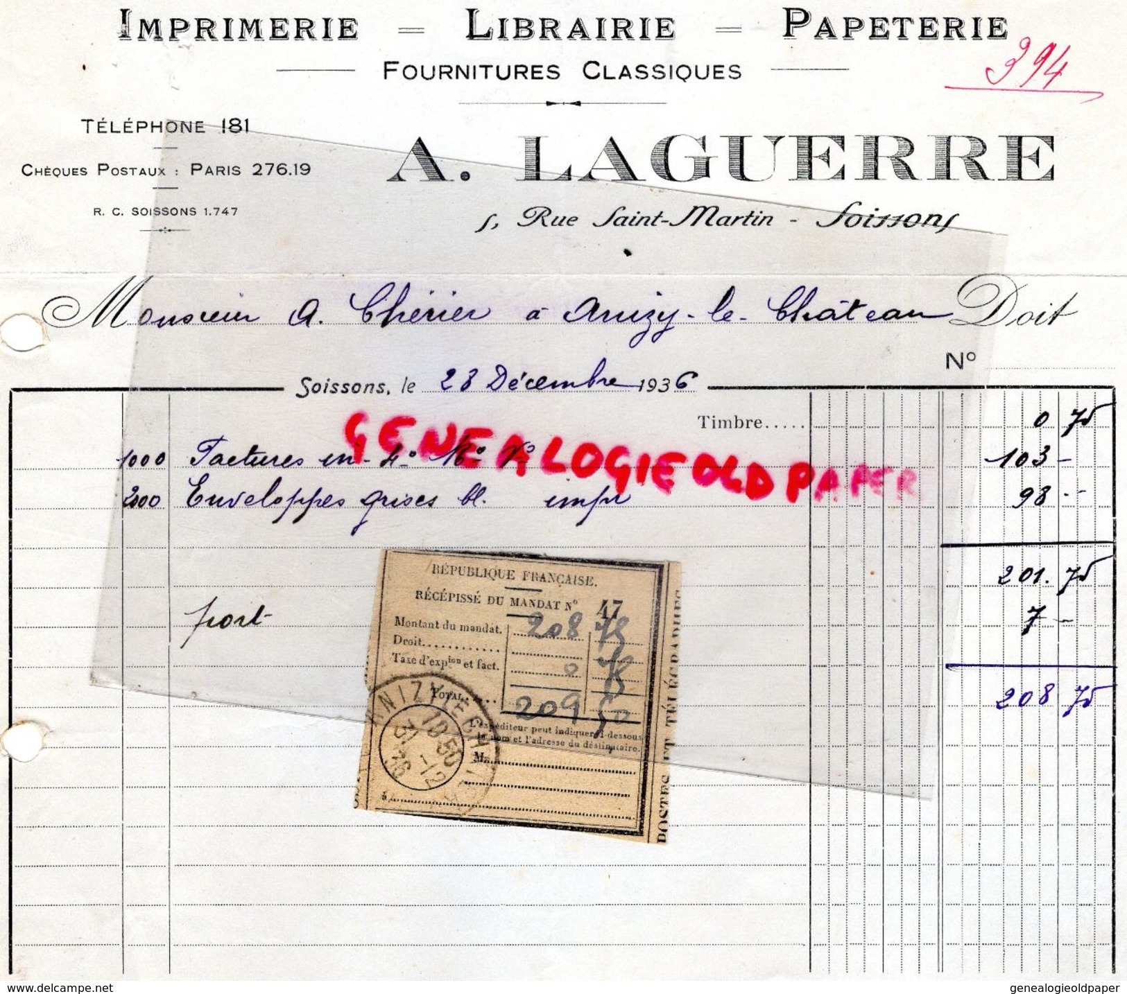 02- SOISSONS- RARE FACTURE A. LAGUERRE- IMPRIMERIE LIBRAIRIE PAPETERIE- 5 RUE SAINT MARTIN- 1936 - Druck & Papierwaren