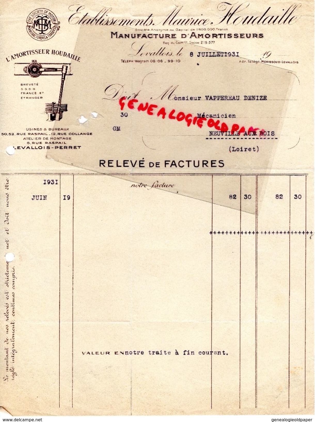 92- LEVALLOIS-PERRET- FACTURE ETS. MAURICE HOUDAILLE- MANUFACTURE AMORTISSEURS-AUTOMOBILE- AUTO- 1931 - Automobil