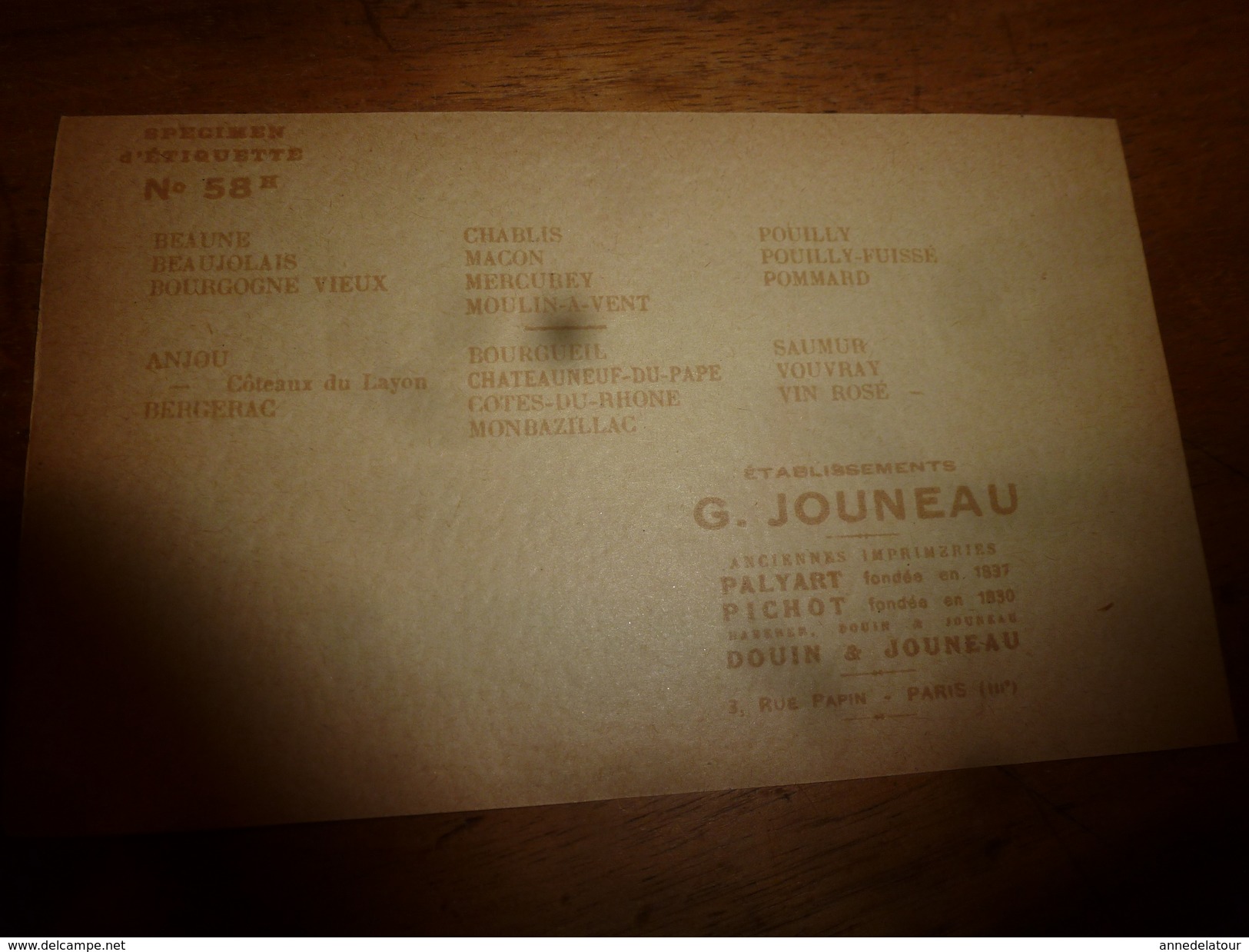 1920 ? Spécimen étiquette De Vin De BERGERAC N° 58  ,déposé, Imp. G.Jouneau  3 Rue Papin à Paris (illustr Château) - Bergerac