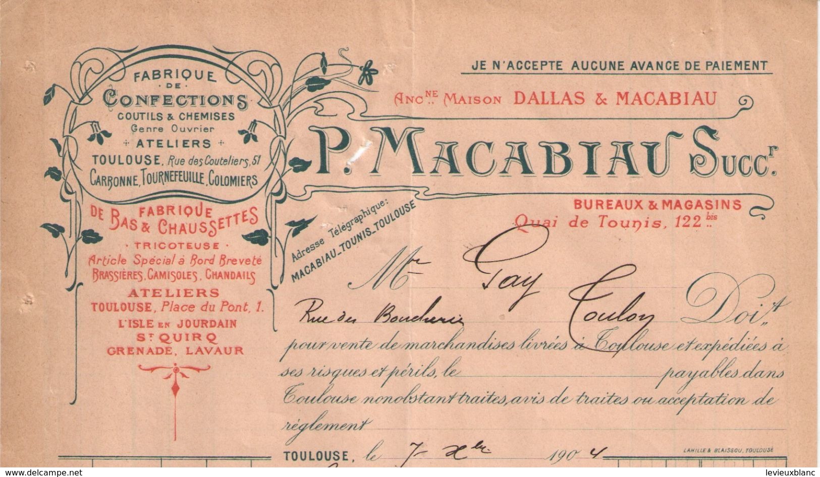 Facture  Commerciale Ancienne /Confection -Bas & Chauss/ P MACABIAU Succ/TOULOUSE/Gay/Toulon/1904   FACT307 - Textile & Clothing