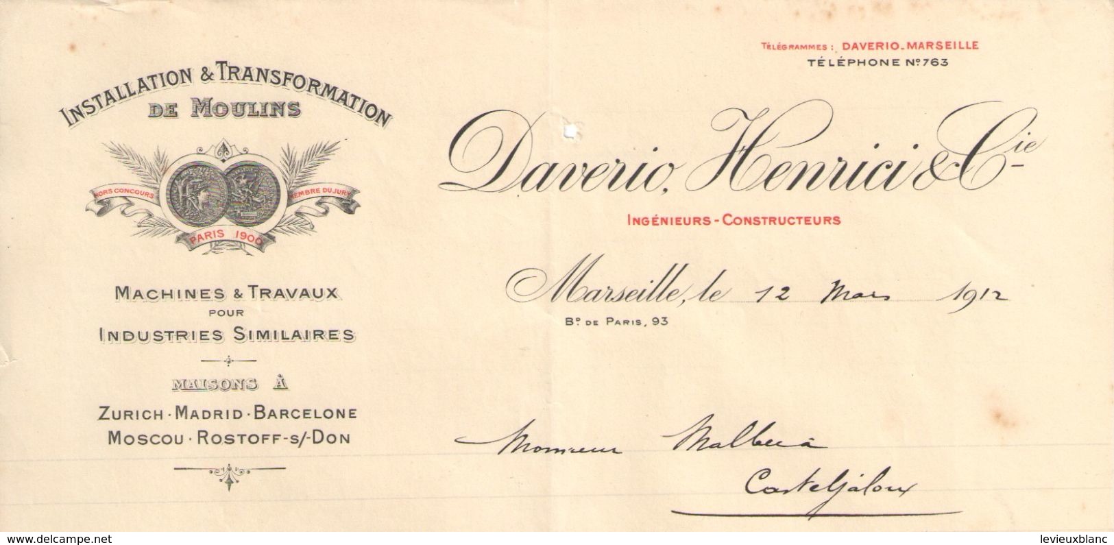 Lettre  Commerciale Ancienne /Installation Et Transformation De Moulins/DAVERIO HENRICI & Cie/Marseille/1912   FACT309 - Kleding & Textiel