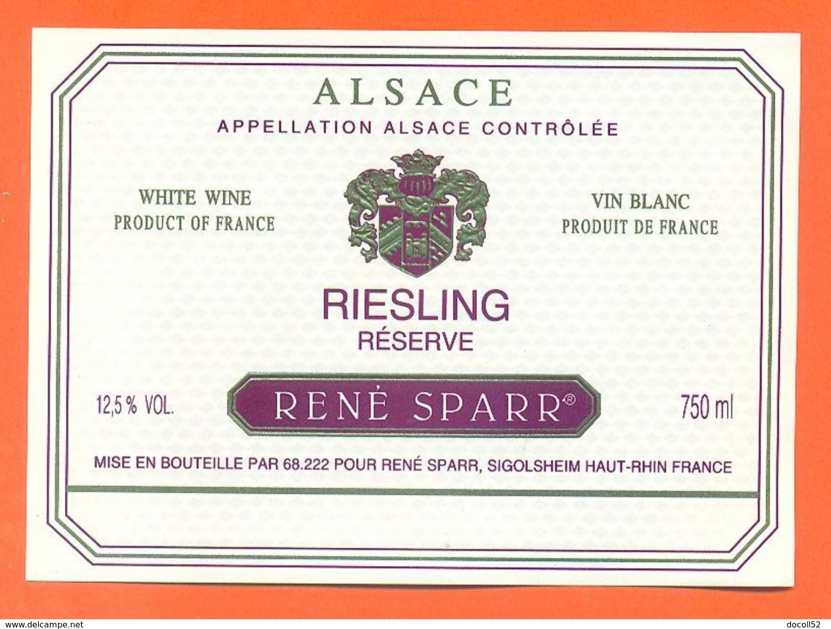 Etiquette Vin D'alsace Riesling Réserve René Sparr à Sigolsheim  - 75 Cl - Riesling