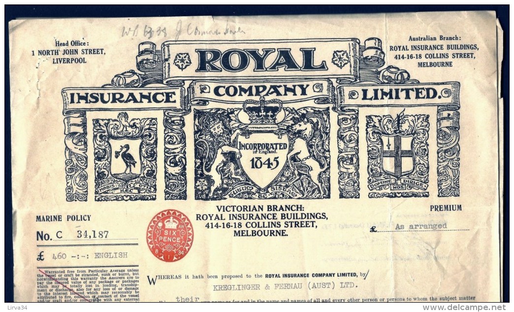 DOCUMENT AUSTRALIE : MELBOURNE-ROYAL INSURANCE COMPANY AVEC TIMBRE 1934- FRET PEAUX DE MOUTONS- 3 SCANS - Australia